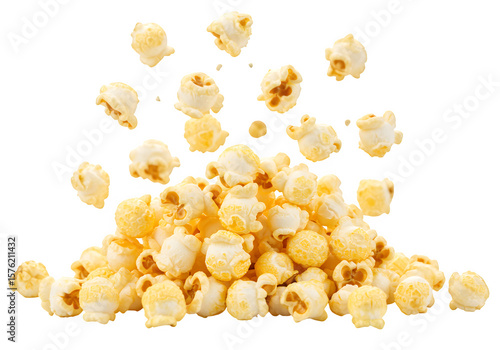 Flying popcorn pieces captured mid-air, perfect for snack ads, movie themes, or food designs. Isolated on white or transparent background. PNG format.