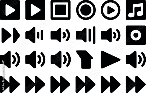Collection of black media player icons including play pause stop fast forward and volume controls