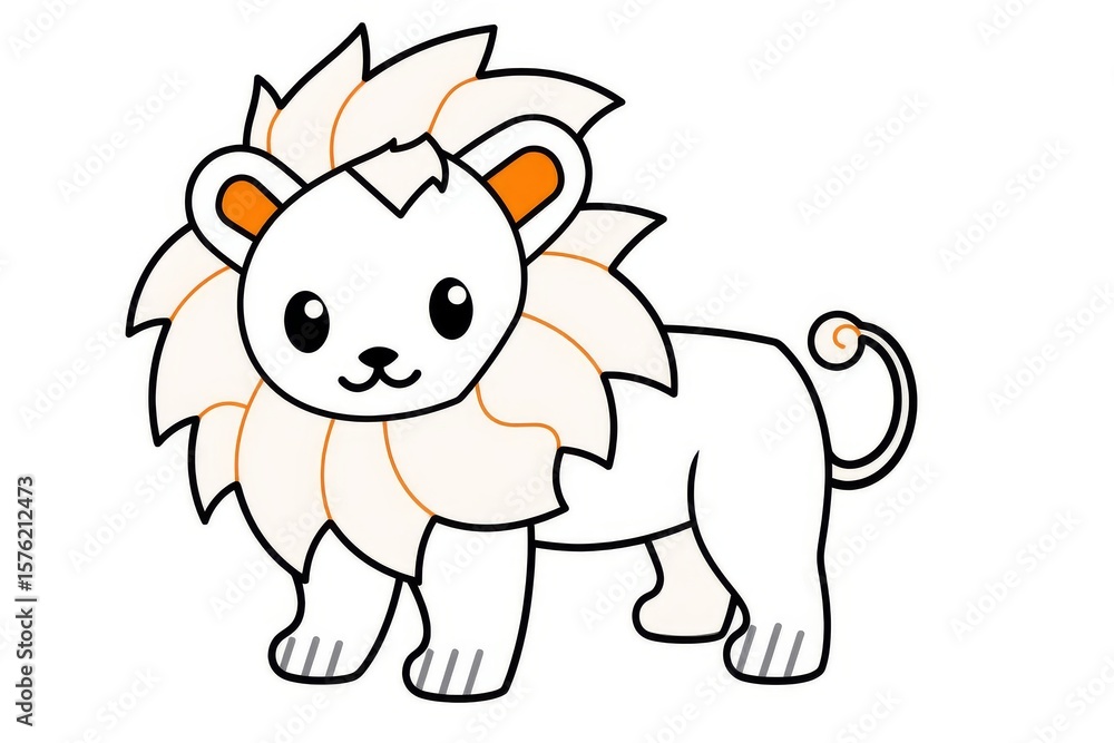 Fototapeta premium Cute cartoon lion with thick black lines, simple flat coloring page for kids, clean sharp edges on white background