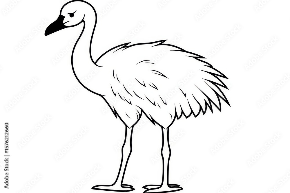 Obraz premium Cute cartoon ostrich standing with clear black outline, simple vector line art for children’s coloring page, featuring long neck and thick legs on white background