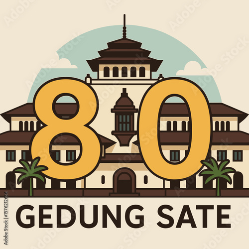 Gedung Sate Bandung flat design marks the eightieth anniversary, ideal for Indonesian travel, landmarks, and architectural projects.