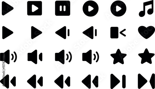 Collection of black media player icons and controls on a white background