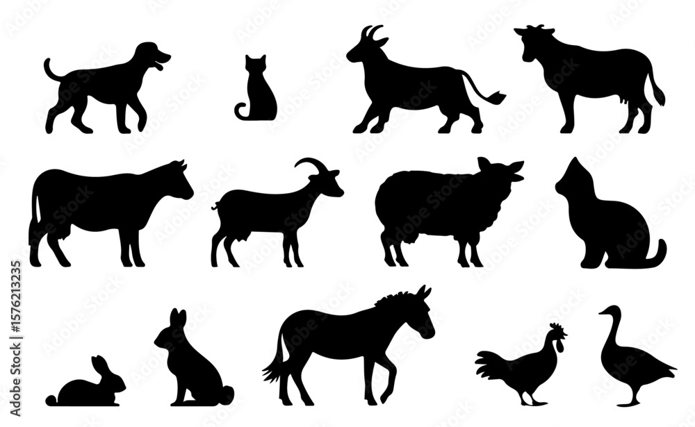 Fototapeta premium Household Pet Animal Silhouettes Set. Minimalist Set Featuring Horse, Hen, Goat, and Cat in Traditional Farm Scene Vector