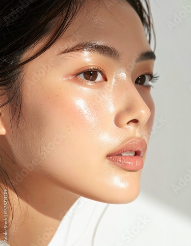 日本人, 超リアル, 美しい, 若い女性, 顔, クローズアップ, 欠点のない肌, 輝く肌質, ナチュラルメイク, 柔らかなライティング, 美容CM風, シネマティック, カメラ目線, 高解像度,Japanese, ultra-realistic, beautiful, young woman, face, close-up, flawless skin, glowing complexion