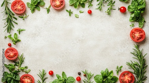 Fresh herbs and tomatoes arranged in a border on a light gray surface.