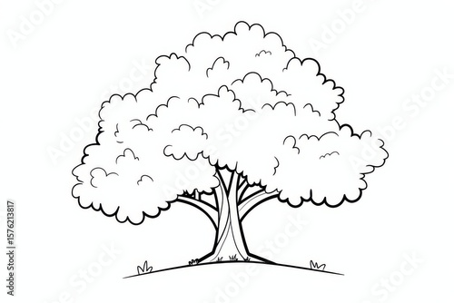 Simple bold line drawing of an adorable oak tree with clouds, grass, and sky, clean and clear doodle style for children’s coloring on white background