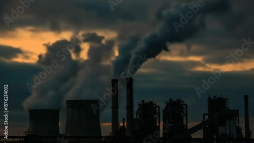 Industrial Factory Chimneys Emitting Large Clouds of Orange Smoke Against a Dramatic Sunset Sky Overlooking a Cityscape