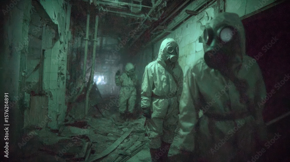 Fototapeta premium Gas Masked Hazmat Crew Probes Decayed Toxic Hallway Under Green Haze
