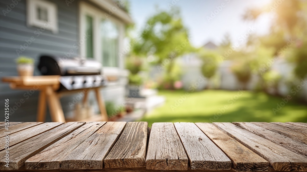 Outdoor barbecue scene with a rustic wooden table in the foreground and a grill in the background set in a sunny backyard. Ready for summer! Outdoor barbecue scene with a rustic wooden table in the foreground and a grill in the background set in a sunny backyard. Ready for summer!
