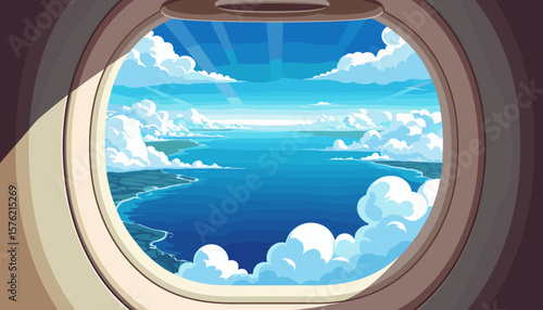 Airplane window view of clouds and ocean, flat vector in soft colors