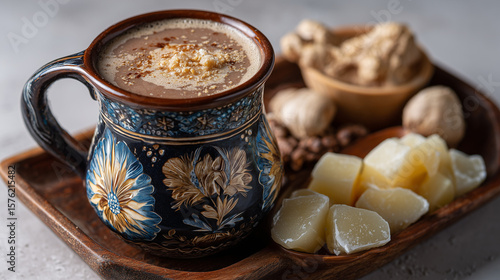 Bajigur in traditional mug, side angle with kolang-kaling