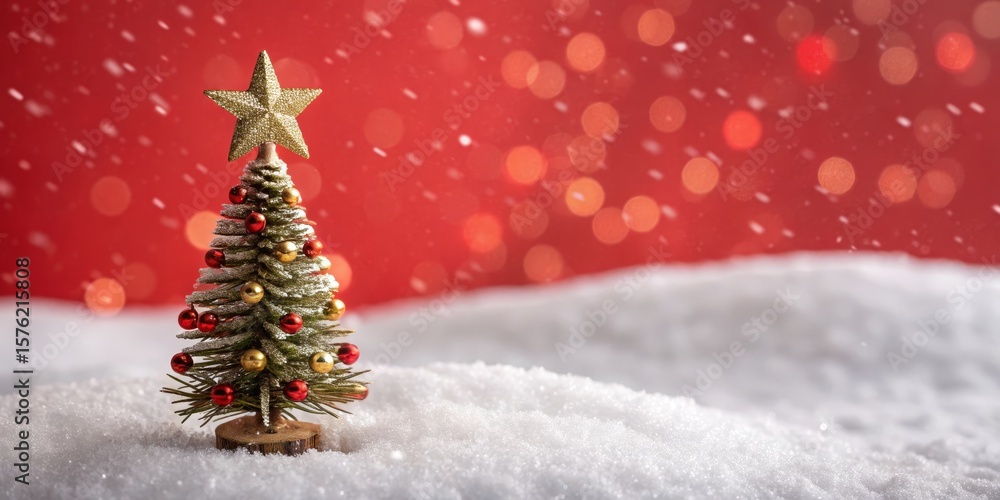 Obraz premium Festive Christmas Tree with Gold Star on Snow, Bokeh Background , Holidays