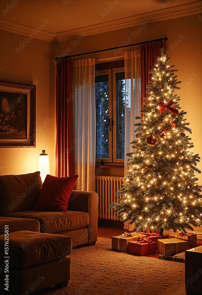 Christmas tree in a cozy and humble living room Christmas tree in a cozy and humble living room