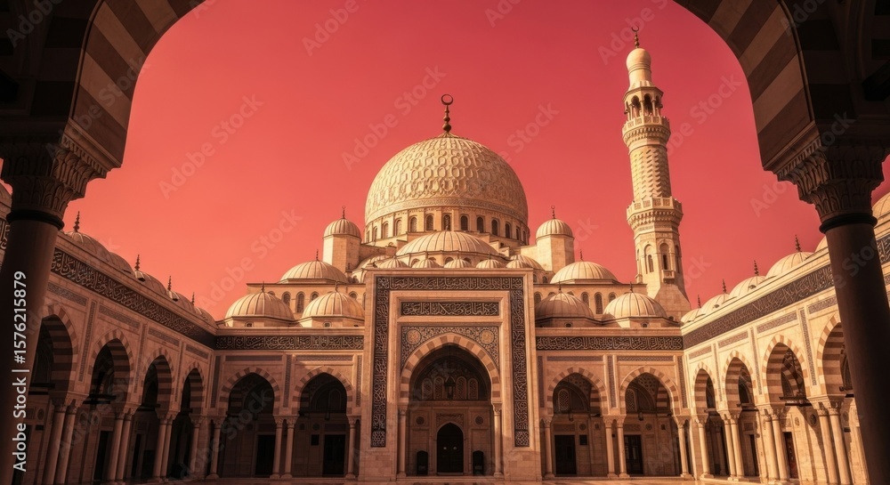 Obraz premium Majestic Mosque Architecture Under a Fiery Red Sky