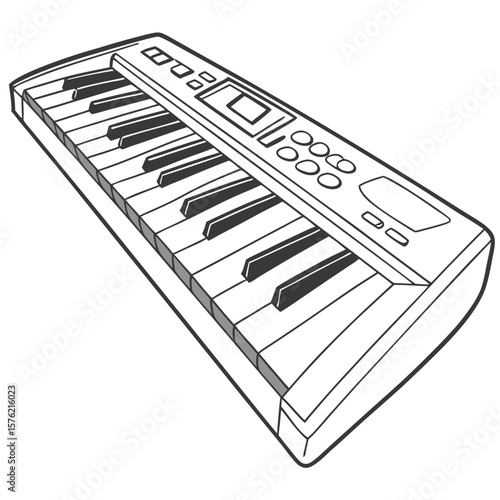 Detailed line drawing of a modern electronic musical keyboard with digital interface and control buttons showcasing musical instrument design