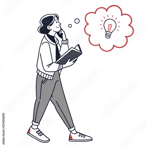 Innovative idea generation concept illustrating a thoughtful person contemplating creative solutions with a lightbulb symbol in a modern