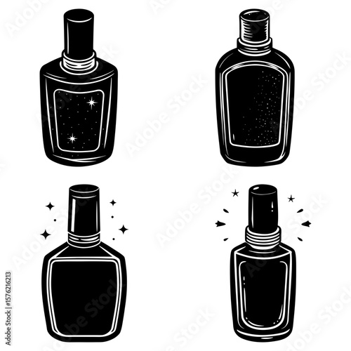 Illustration of four different perfume bottles with unique designs and black and white colorscheme