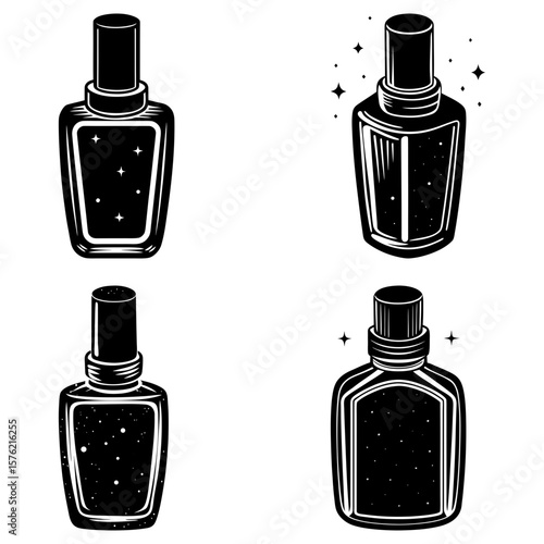 Illustration showing four perfume bottles with different shapes and designs in black and white style