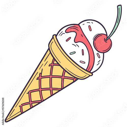 Whimsical Ice Cream Cone with Cartoonish Heart and Cherry Topping for Sweet Treats and Playful Desserts