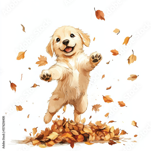 Joyful Golden Retriever Puppy Playing in Autumn Leaves Watercolor Style