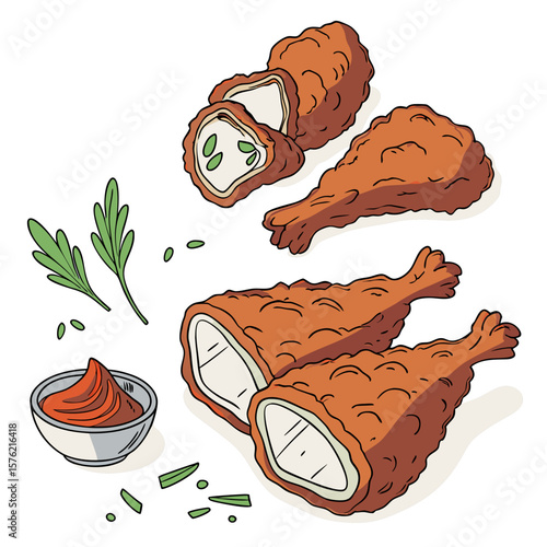 Delicious crispy fried chicken drumsticks with fresh herbs and spicy dipping sauce presentation