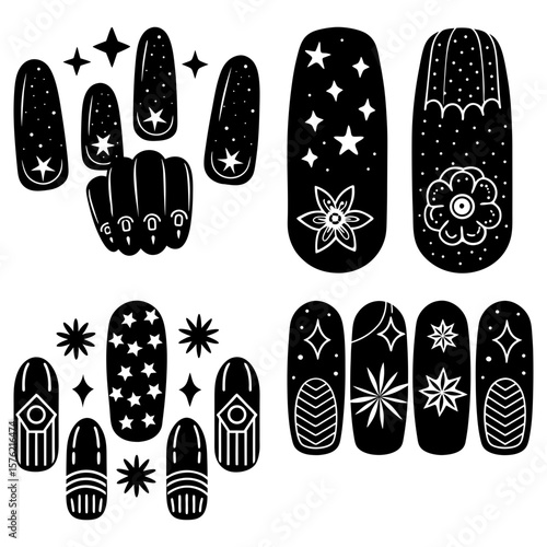 Illustration of fingernails with stars flowers and geometric patterns in black and white color scheme