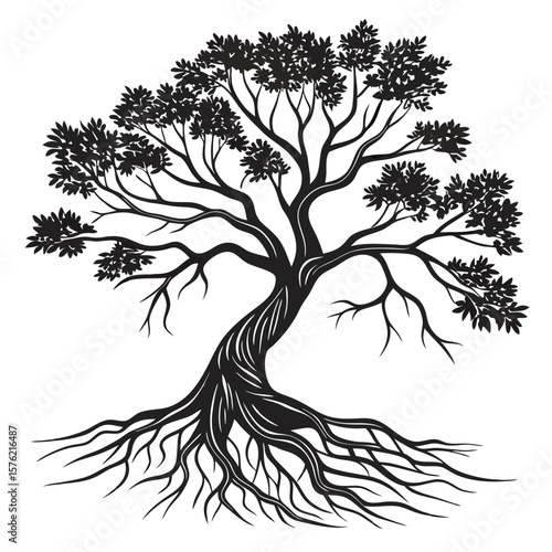 Stylized black and white silhouette of a thriving tree with intricate root system and sprawling branches symbolizing growth and stability in nature