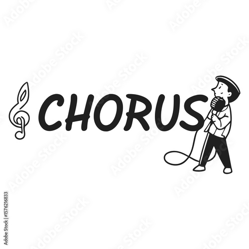 Creative illustration of a singer holding a microphone next to the word chorus with musical note imagery representing musical harmony and vocal