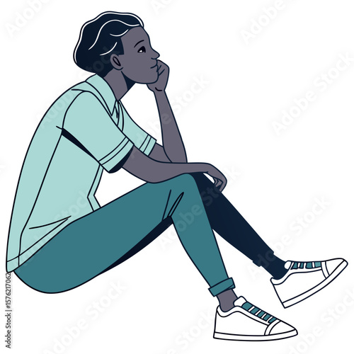 Thoughtful young woman sitting casually in animated style reflecting introspective mood with modern casual outfit and relaxed pose