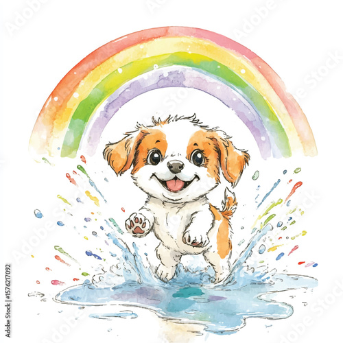Joyful Puppy Leaping Through Rainbow Puddle Splash