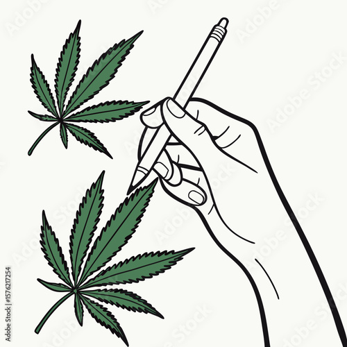 Minimalist Line Drawing of a Hand Holding a Pen and Cannabis Leaves Emphasizing Artistic Expression of Cannabis Cultivation and Creative Design in a