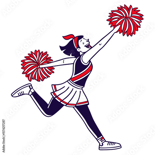 Vibrant cheerleader with pom-poms expressing enthusiasm and team spirit through energetic movement and dynamic pose in a lively illustration