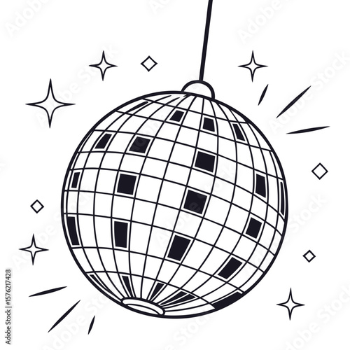 Animated monochrome disco ball with reflective mosaic surface shimmering with light rays and surrounded by twinkling stars for celebration party