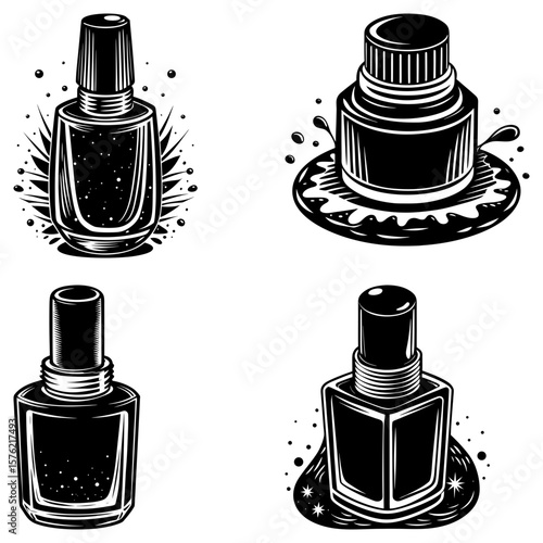 Illustration of four nail polish bottles with different shapes designs and decorative elements in black and white