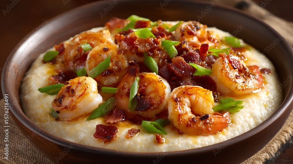 A bowl of shrimp and grits topped with green onions and crispy bacon bits A bowl of shrimp and grits topped with green onions and crispy bacon bits