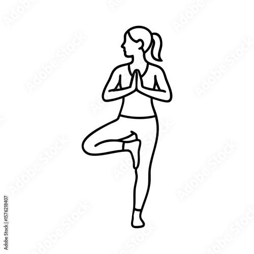Line art of woman in yoga tree pose for balance and focus