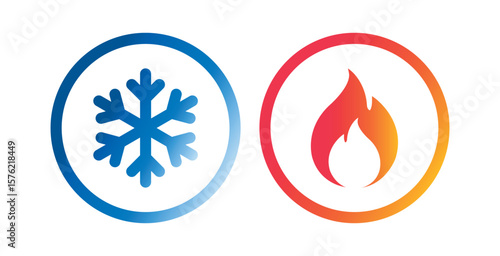 Hot and cold vector flat icon set isolated on white background. Snowflake and fire, flame gradient symbols in geometric line circle buttons for web and app.	