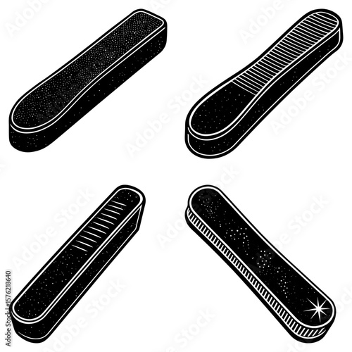 Four black and white nail files with different textures and shapes displayed on a white background surface