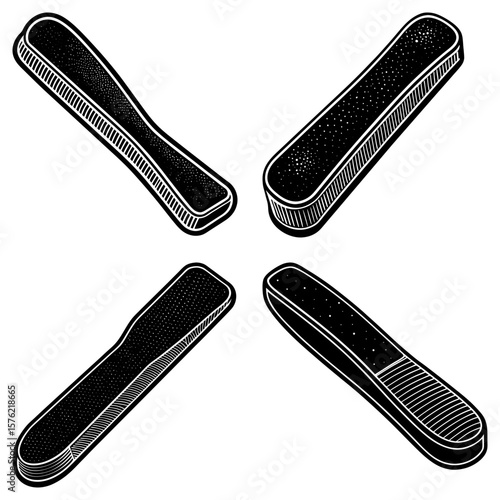 Four black and white nail files arranged in a cross pattern on a white background centered view