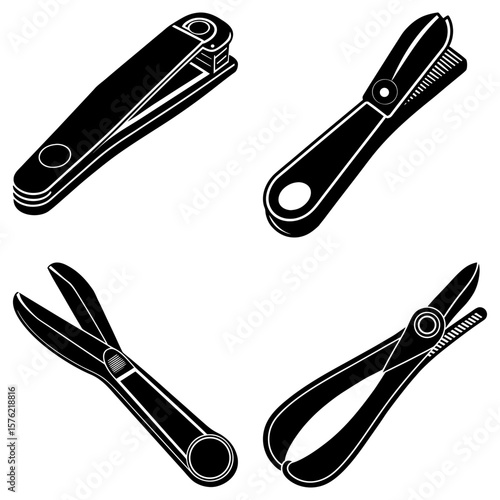 Illustration of four different black gardening tools including shears and pruning shears on white background
