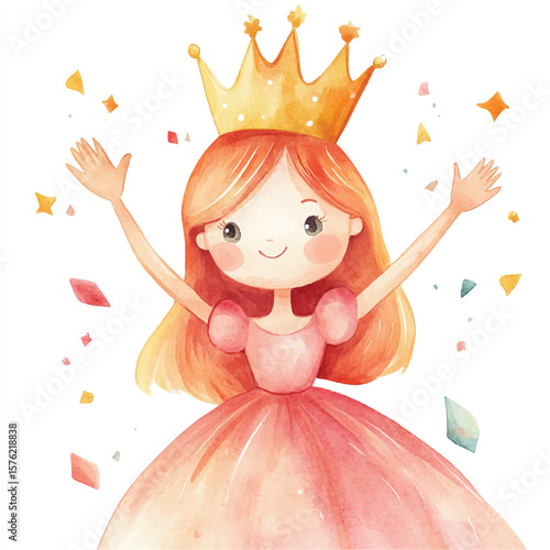 Joyful Watercolor Princess with a Golden Crown and Confetti