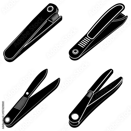 Four illustrations of black and white nail clippers in different perspectives and orientations shown