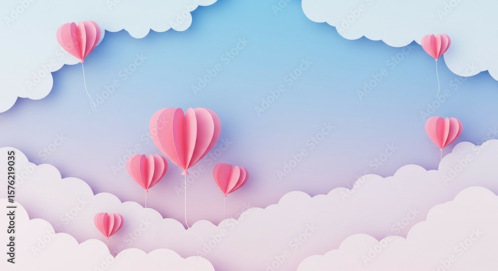 Floating Paper Heart Balloons in a Dreamy Cloudscape Floating Paper Heart Balloons in a Dreamy Cloudscape