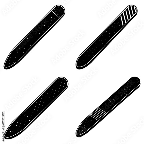 Four nail files with different textures and patterns in black and white illustration style image view
