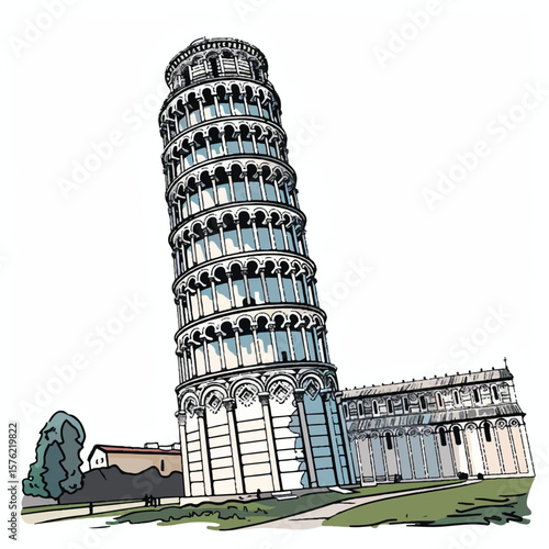 Leaning Tower of Pisa and Adjacent Buildings in Detailed Illustration