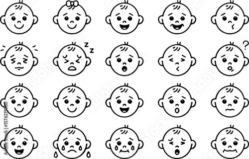 Collection of baby faces showing various emotions and expressions in a simple line art style