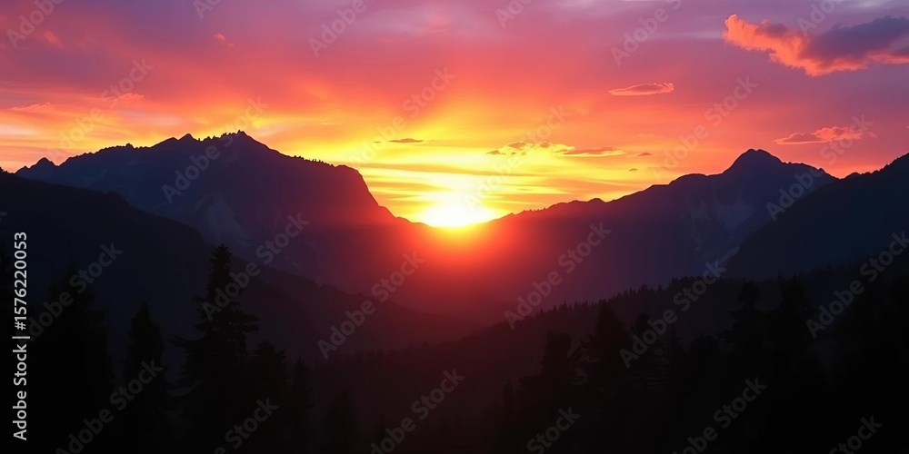 Fototapeta premium Dramatic sunset silhouette of majestic mountains and cypress trees against vibrant sky, scenic, landscape