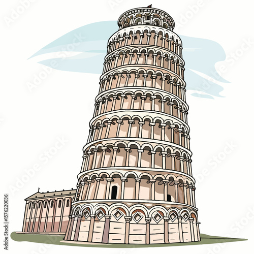 Leaning Tower of Pisa and Cathedral Italian Architecture Cartoon Style