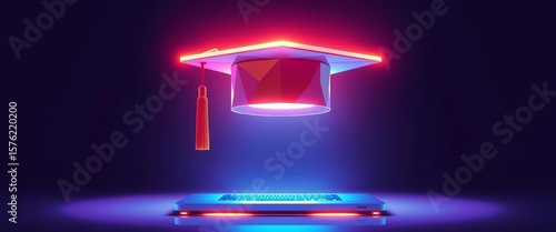 Glowing polygonal graduation cap hovering over open laptop, futuristic online learning,  knowledge,  e-learning