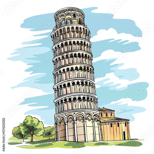 Leaning Tower of Pisa illustration with blue sky and fluffy clouds